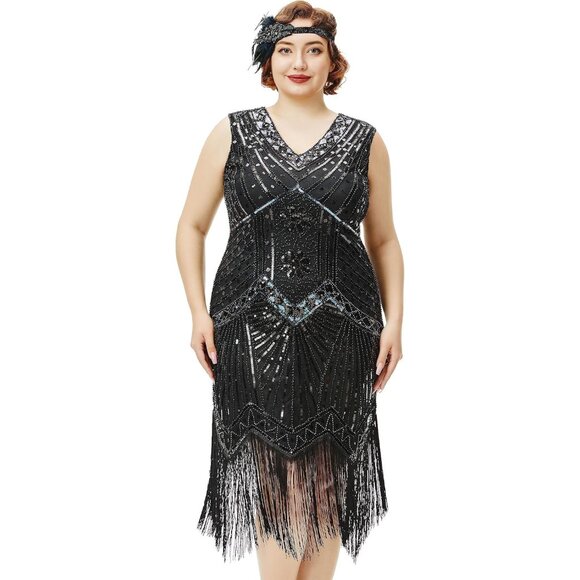 Women's Plus Size Flapper Dresses 1920s V Neck Beaded Fringed Great Gatsby Dress - Picture 1 of 5